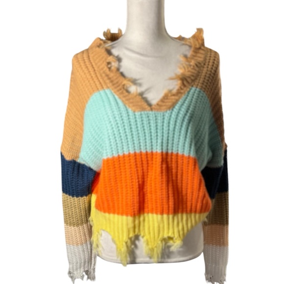 Miracle USA. Multicolored Distressed VNeck Sweater - Picture 1 of 7